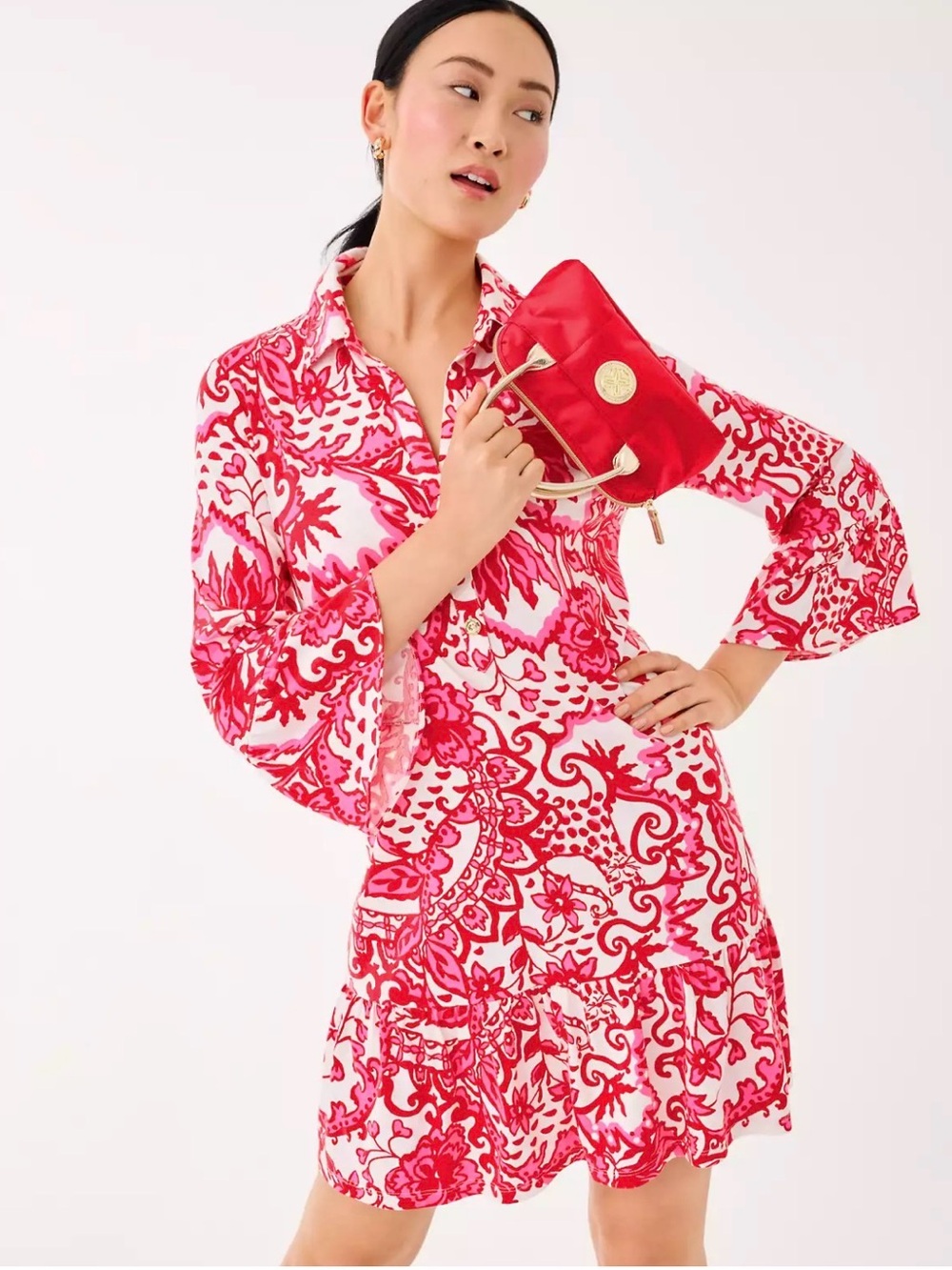 Lilly Pulitzer Delany Shirtdress in Red/Pink Coconut Spicy Socialite